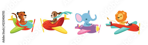 Cute Animal Fly Plane and Aircraft Vector Set