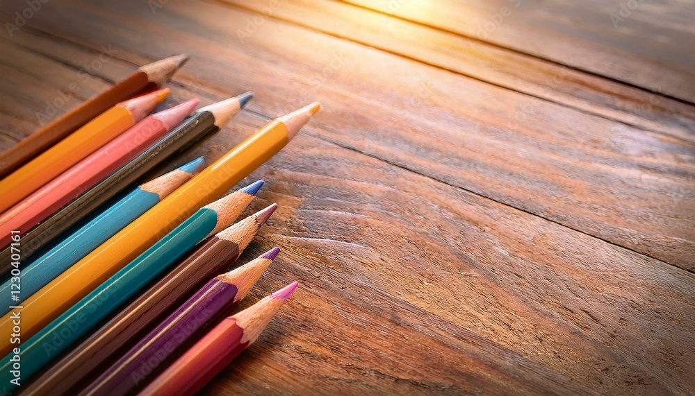Obraz premium Colorful pencils are placed on an old wooden floor 