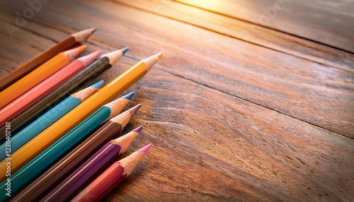 Colorful pencils are placed on an old wooden floor 