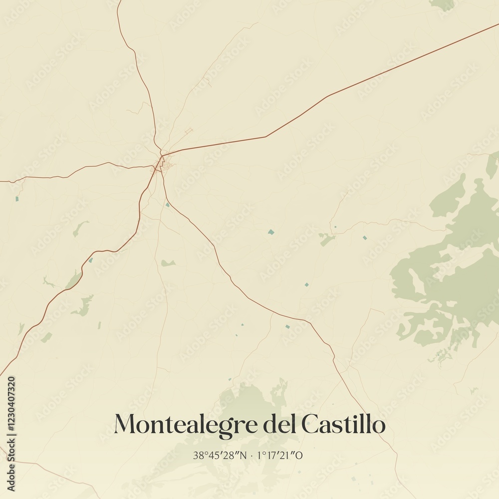 Fototapeta premium Retro Spanish map of Montealegre del Castillo, Castilla-La Mancha. Vintage street map.