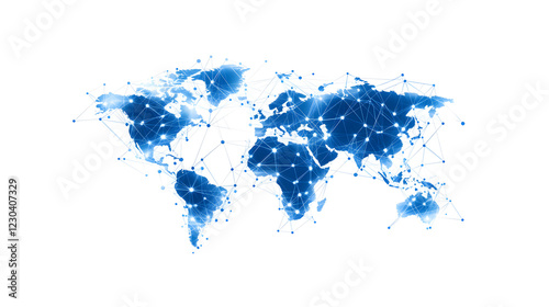 Global business concept with abstract network connections, digital world map, and interconnected nodes, symbolizing global communication, technology, and modern business dynamics in the digital age.
