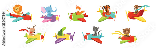 Cute Animal Fly Plane and Aircraft Vector Set