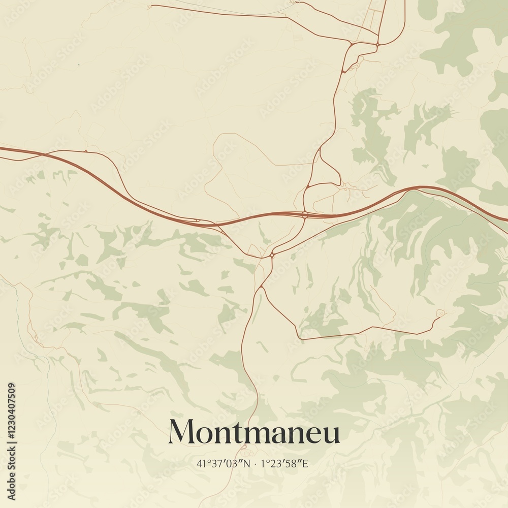 Fototapeta premium Retro Spanish map of Montmaneu, Catalu�a. Vintage street map.