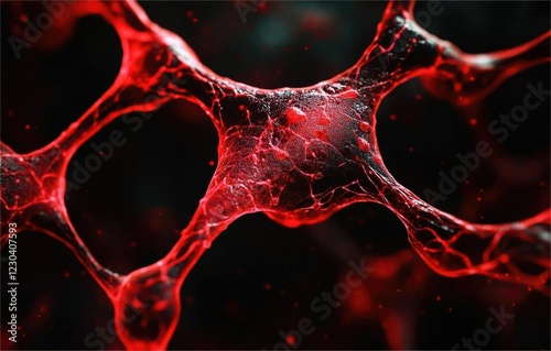 Microscopic view of a red, interconnected cell network, possibly representing neurons or blood vessels. photo