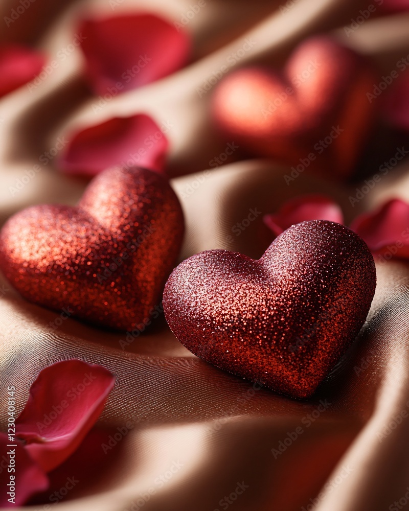Obraz premium red hearts and petals on soft fabric background