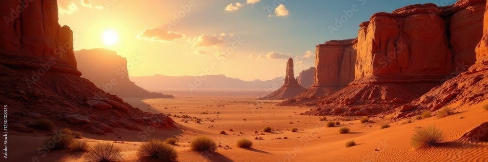 Naklejka premium Sunlit desert landscape featuring hanging rock formations, arid landscape, warm light