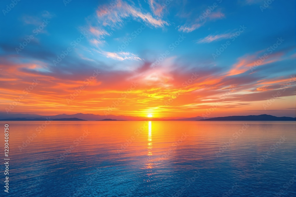 Beautiful sunset sky over calm sea with colorful clouds and reflections. Beautiful sunset sky over calm sea with colorful clouds and reflections.