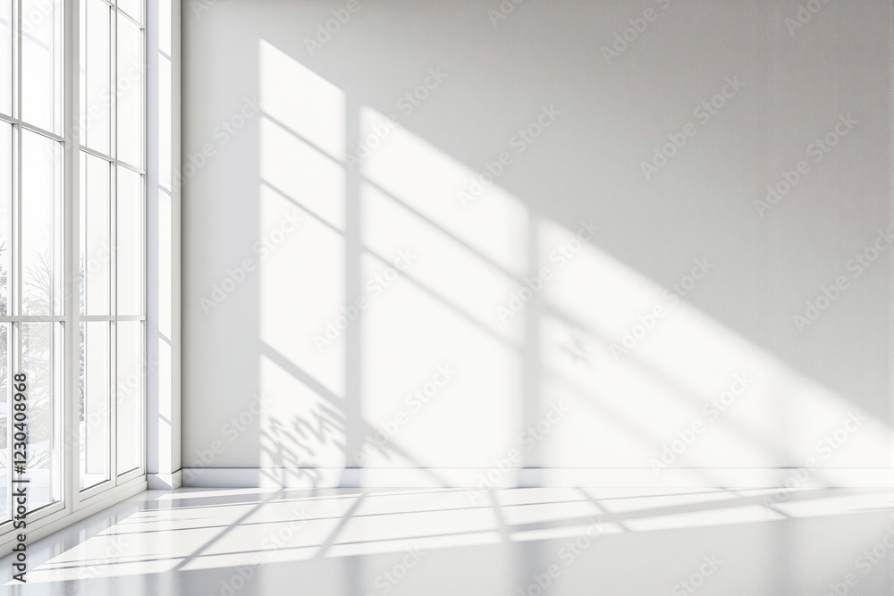 Obraz premium Minimalist space with sunlight streaming through large windows on a white wall and floor.