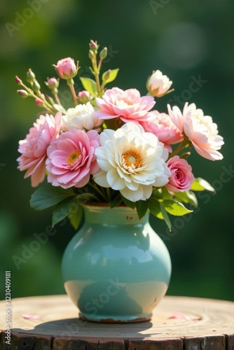 Wallpaper Mural A delicate arrangement of pastel-hued flowers in a distressed wooden vase, garden, pastel colors Torontodigital.ca