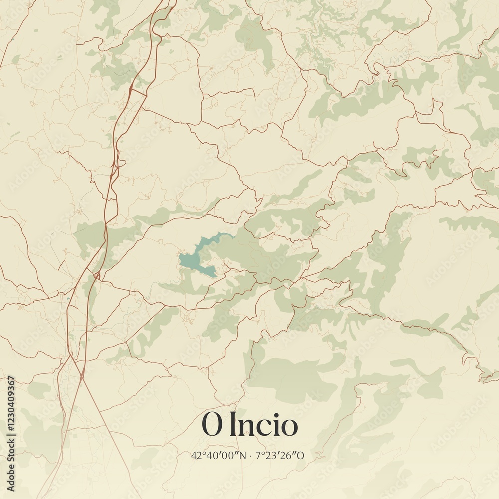 Fototapeta premium Retro Spanish map of O Incio, Galicia. Vintage street map.