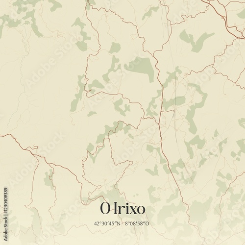 Retro Spanish map of O Irixo, Galicia. Vintage street map.