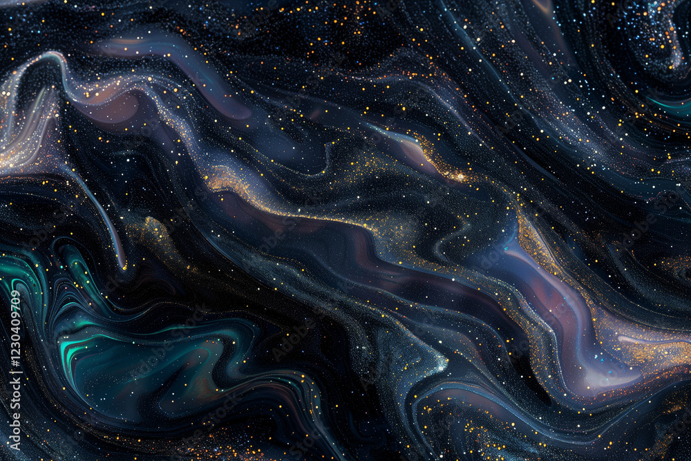 Obraz premium Seamless Liquid Black Resin Texture with Pearlescent Glitter – Dark Abstract Fluid Art Background with Swirling Metallic Gold and Blue Accents, Perfect for Luxury, Cosmic, and Modern Designs