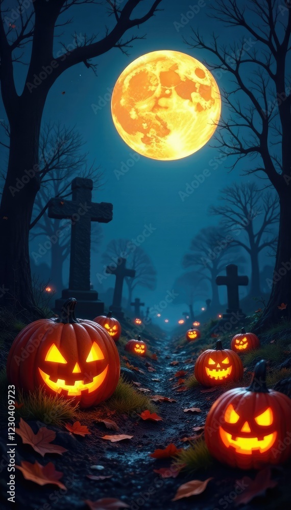 A full moon casts an eerie glow on a graveyard adorned with jack-o-lanterns, autumn, night, harvest A full moon casts an eerie glow on a graveyard adorned with jack-o-lanterns, autumn, night, harvest