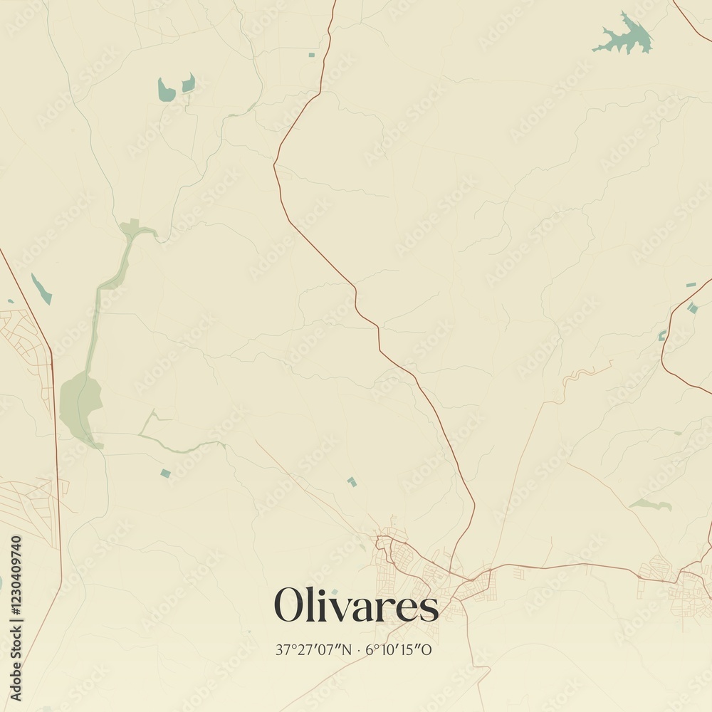 Fototapeta premium Retro Spanish map of Olivares, Andaluc�a. Vintage street map.