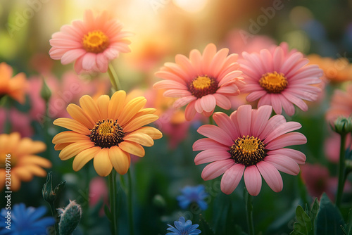 Vibrant Pink and Orange Daisies Bask in Sunlight