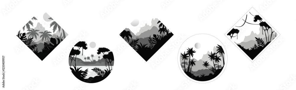 Obraz premium Tropical Rainforest Landscape with Palm Trees in Geometric Shape Vector Set
