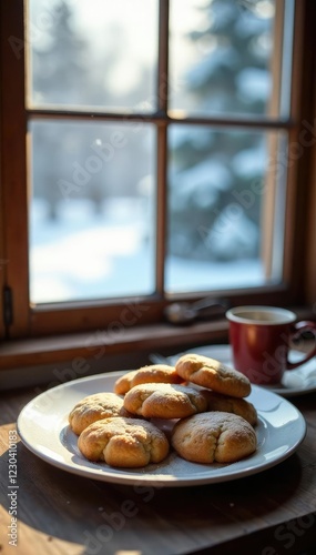 A plate of cooled Levkoy cookies on a wooden table with a winter landscape through the window behind, table, landscape, dessert photo