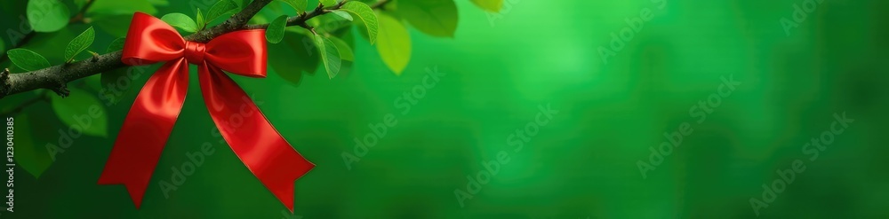 A red ribbon with a flowing tail hanging from a branch on an emerald green background, green, foliage, leaf A red ribbon with a flowing tail hanging from a branch on an emerald green background, green, foliage, leaf