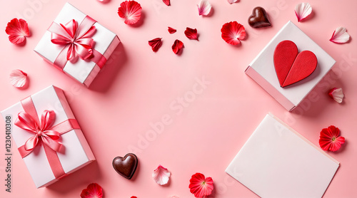 Valentine's day greeting card , gift, hearts chocolate sweets and red roses on pink background. 