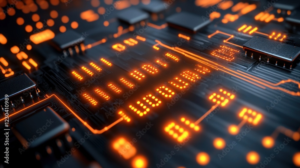 Close-up of illuminated circuit board with binary code. Close-up of illuminated circuit board with binary code.