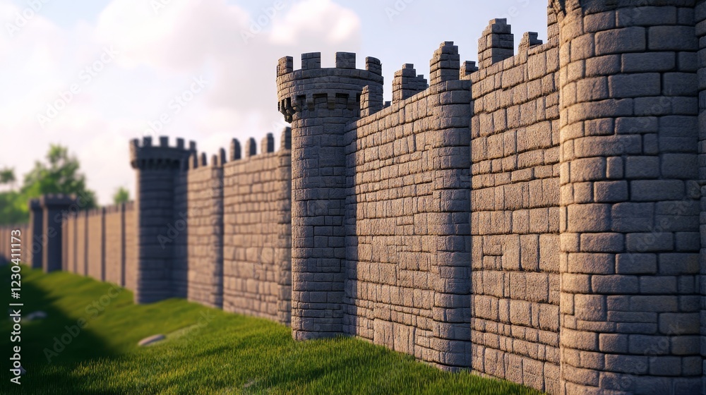 Medieval stone wall with towers, lush green grass in foreground, and blue sky with clouds Medieval stone wall with towers, lush green grass in foreground, and blue sky with clouds