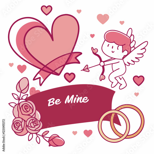 Cupid's Arrow: A playful illustration of Cupid aiming his arrow at a heart surrounded by roses, wedding rings, and a banner proclaiming "Be Mine". Perfect for Valentine's Day, romantic occasions.