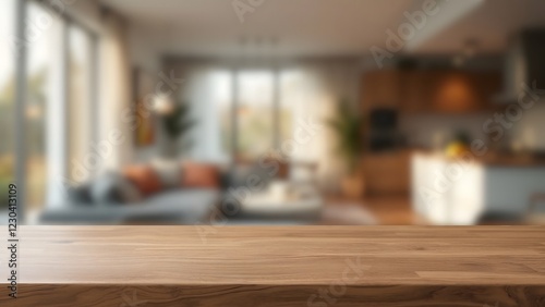 Empty Wooden Table in Modern Home - Blurred Living Room and Kitchen Background - Ideal for Product Mockups, Food Photography, or Lifestyle Content 