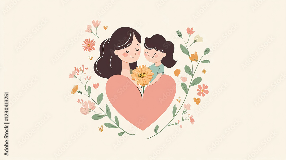 Mother and child in heart shaped floral design for mother's day greeting card Mother and child in heart shaped floral design for mother's day greeting card
