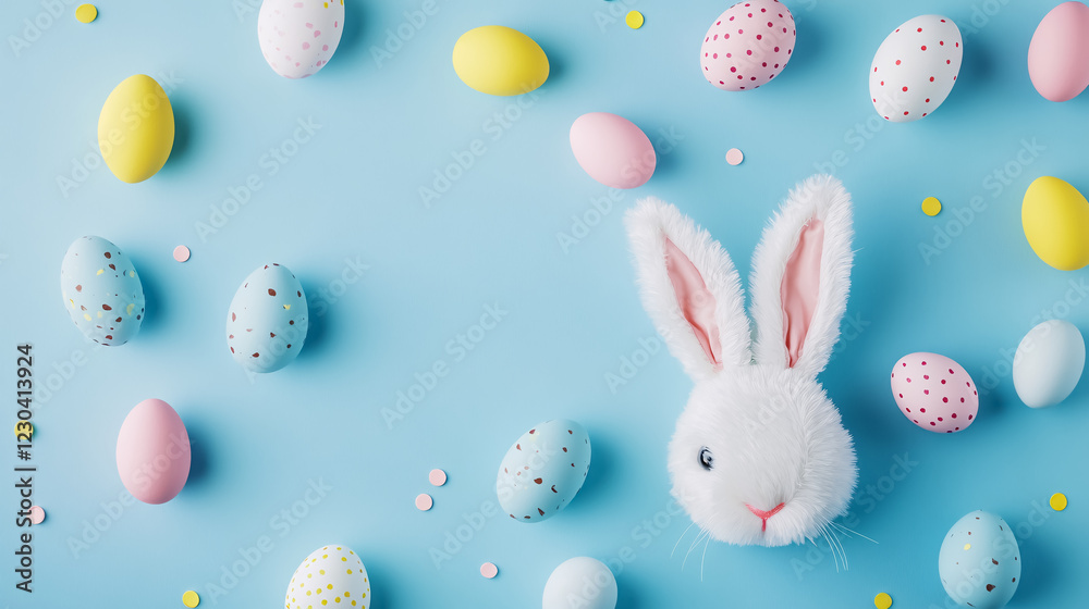 Obraz premium Easter party concept: bunny ears and pastel-colored eggs on a blue background with copy space.