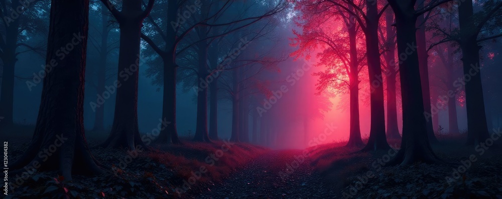 Obraz premium Light waves illuminating a dark forest and eerie glowing trees background, illuminating, mysterious