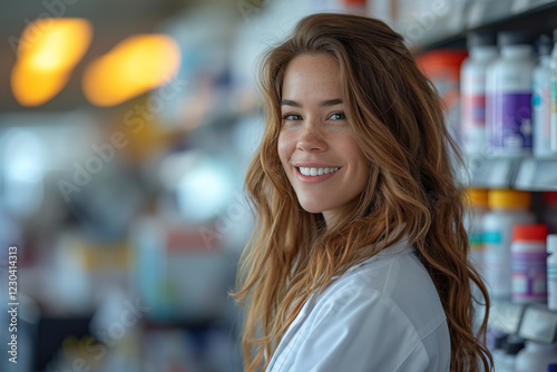 Young woman in lab coat smiling in a pharmacy with colorful medication shelves in the background