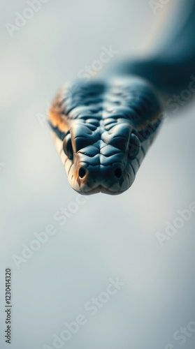 close up of poisonous snake in attacking pose on blurred neutral background