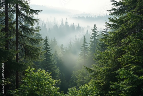 Misty forest landscape with sunlight filtering through evergreen trees.