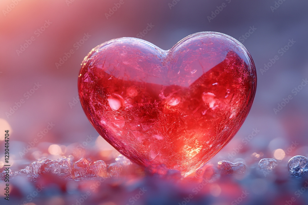 A red glass heart rests on ice crystals A red glass heart rests on ice crystals