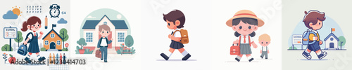 vector collection of children going to school
