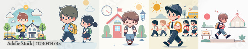 vector collection of children going to school
