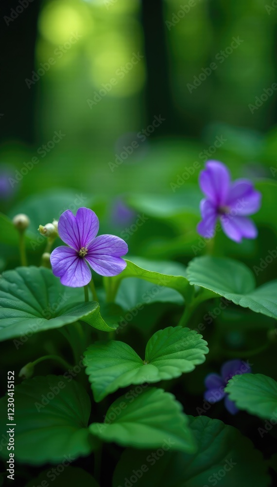 Lush violet leaves with small white flowers and stems in a verdant forest glade, violets, nature, foliage Lush violet leaves with small white flowers and stems in a verdant forest glade, violets, nature, foliage