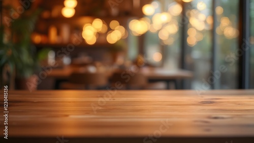 Wooden Table in Blurred Restaurant Setting - Warm Lighting, Dining Atmosphere, Empty Tabletop - Ideal for Menu Mockups, Food Photography, or Restaurant Promotion Materials