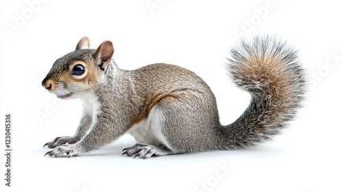 A charming chipmunk perched against a plain white backdrop, showcasing wildlife and nature photo