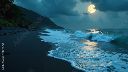 Black sand beach with waves writing glowing blue-green code under moonlight. photo