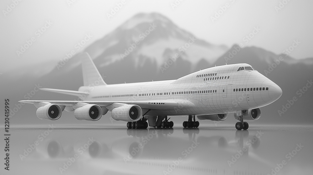 Obraz premium Wireframe Airplane Model Mountain Background Design Travel 3D Jet Sky Art Grey Trip Tail White Wings
