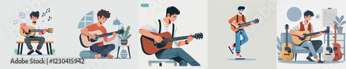 vector collection of young men playing guitar