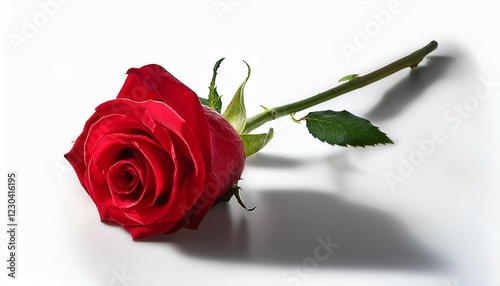 a single red rose lying on a white background with soft shadows isolated on a white background