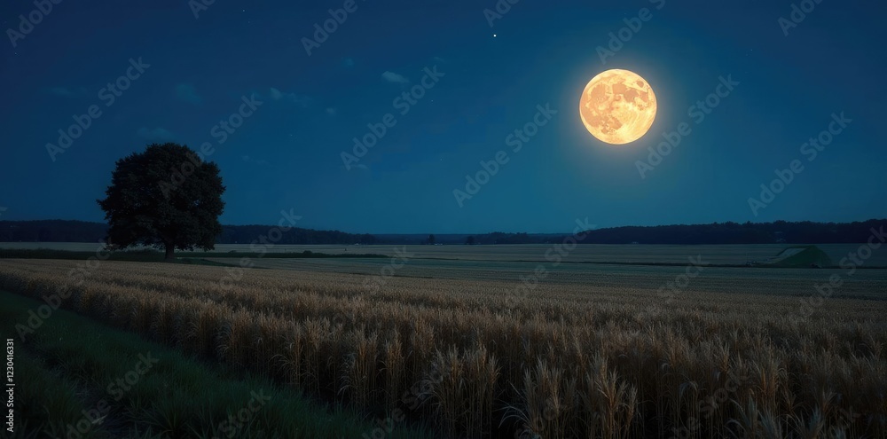 Serene night scene with a full moon over harvested crops, evening, landscape, farm Serene night scene with a full moon over harvested crops, evening, landscape, farm