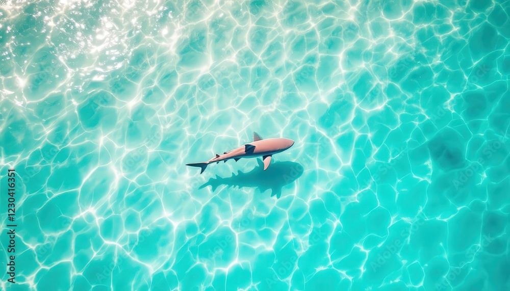 Fototapeta premium Shark swimming in clear turquoise water. Aerial view of marine life in tropical ocean.