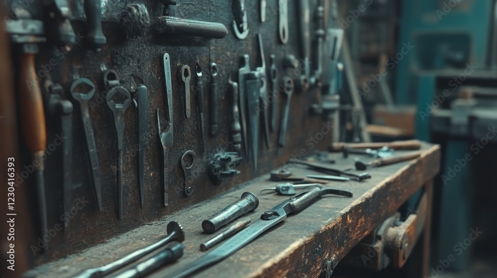 Tools on a Workshop Wall and Workbench Tools on a Workshop Wall and Workbench