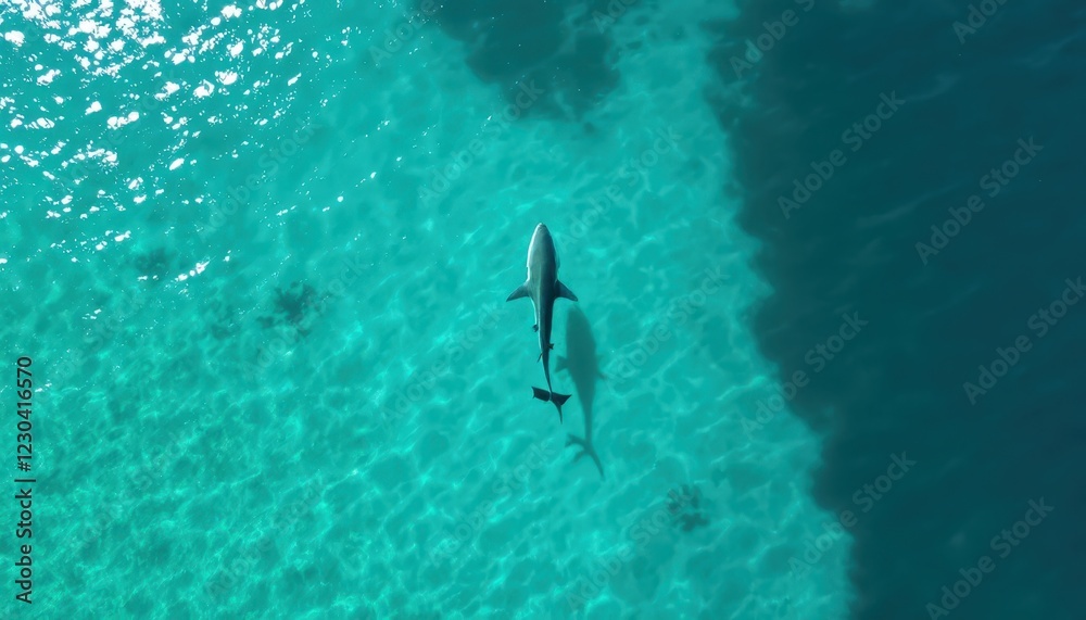 Fototapeta premium Shark swimming in clear turquoise water. Aerial view of marine life in tropical ocean.