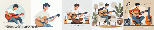 vector collection of young men playing guitar