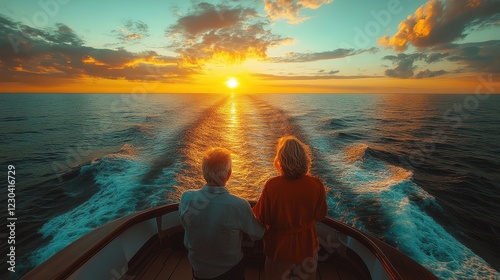 A serene sunset view from a boat, with two people enjoying the vibrant colors reflecting on the ocean's surface.