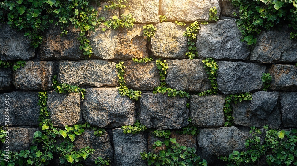Stone wall with growing green ivy plants Stone wall with growing green ivy plants